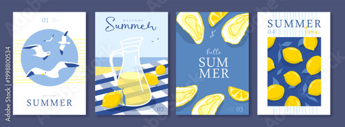 Set of summer Italian posters or covers with lemonade, seagulls, lemons, oysters and beach landscape. Vector illustration