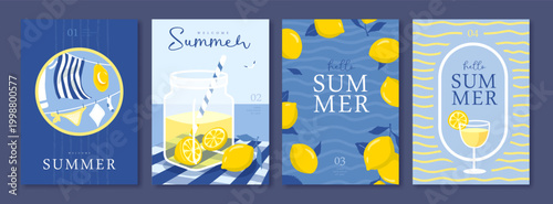 Set of summer Italian posters or covers with lemonade, drying clothes, lemons, cocktail and beach landscape. Vector illustration