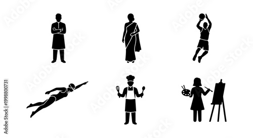 A professional collection of six black vector silhouettes representing a variety of roles and activities. The set features a chef, an artist, a basketball player, a swimmer