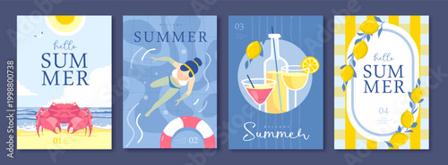 Set of summer Italian posters or covers with lemonade, lemons, cocktails, crab, swimming woman and striped tablecloth. Vector illustration