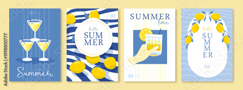 Set of summer Italian posters or covers with lemonade, lemons, hand with cocktail and striped tablecloth. Vector illustration