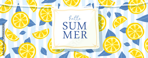 Italy summer poster or banner with lemon slices on striped background. Vector illustration