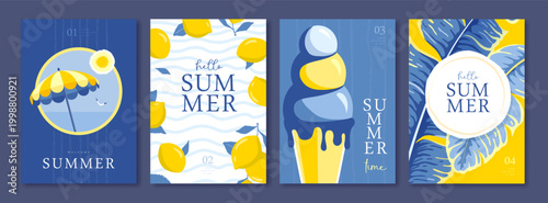 Set of summer Italian posters or covers with ice cream, lemons, beach umbrella, tropic leaves, seagull and beach landscape. Vector illustration