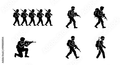 Photos Set of Military Soldier Silhouettes in Tactical and Marching Poses - Army, Infan