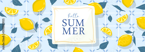 Italy summer poster or banner with lemon slices on blue background. Vector illustration