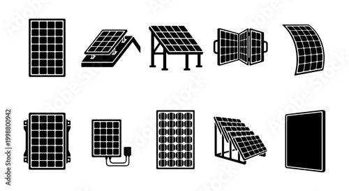 Solar Panel Icon Set for Renewable Energy and Sustainable Technology - Black Vector Illustration Collection