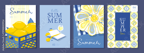 Set of summer Italian posters or covers with cocktail, tiles, lemons, oysters, book and tablecloth. Vector illustration