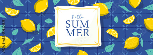 Italy summer poster or banner with lemon slices on blue background. Vector illustration