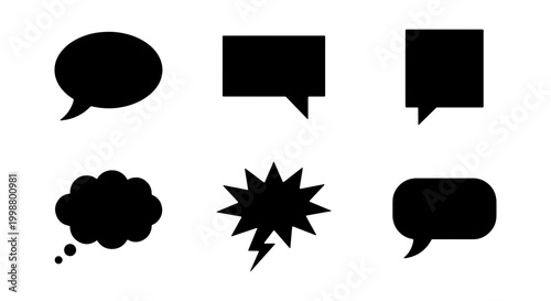 Set of Speech and Thought Bubble Icons - Black Silhouettes for Comic, Chat, and Communication - Vector Illustration