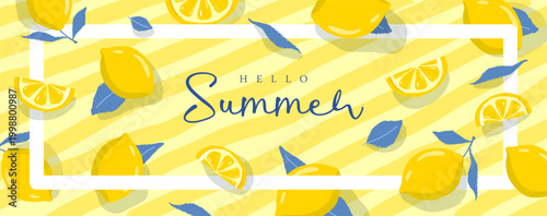 Italy summer poster or banner with lemon slices on striped yellow background. Vector illustration