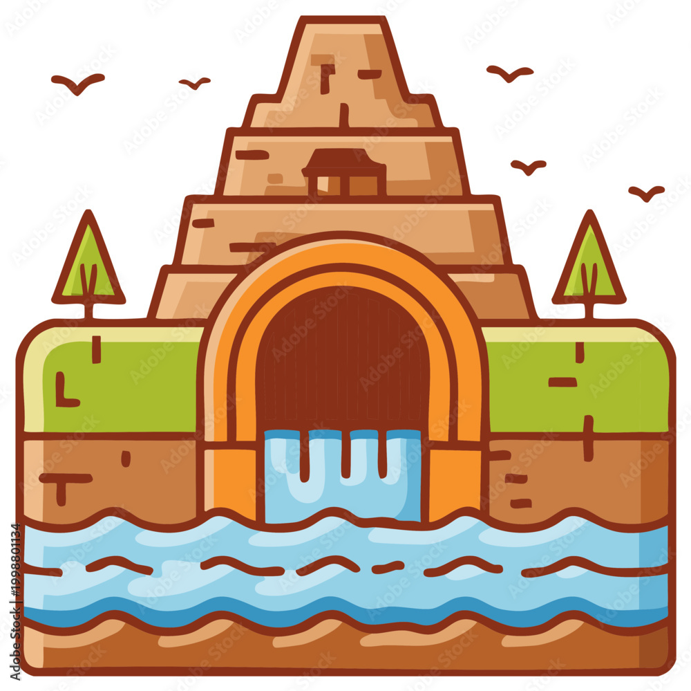 Naklejka premium Ancient Monument with Waterfall and Trees Minimalist Graphic for Travel or Nature Concept