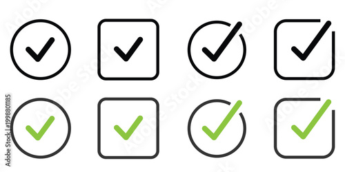 Vector illustration of various checkbox icons with black outlines and green and black checkmarks on white background