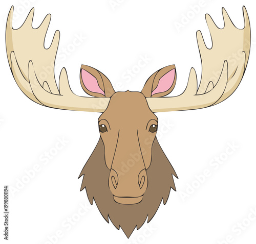 Illustration of a cartoon moose head with large antlers, facing forward, isolated.