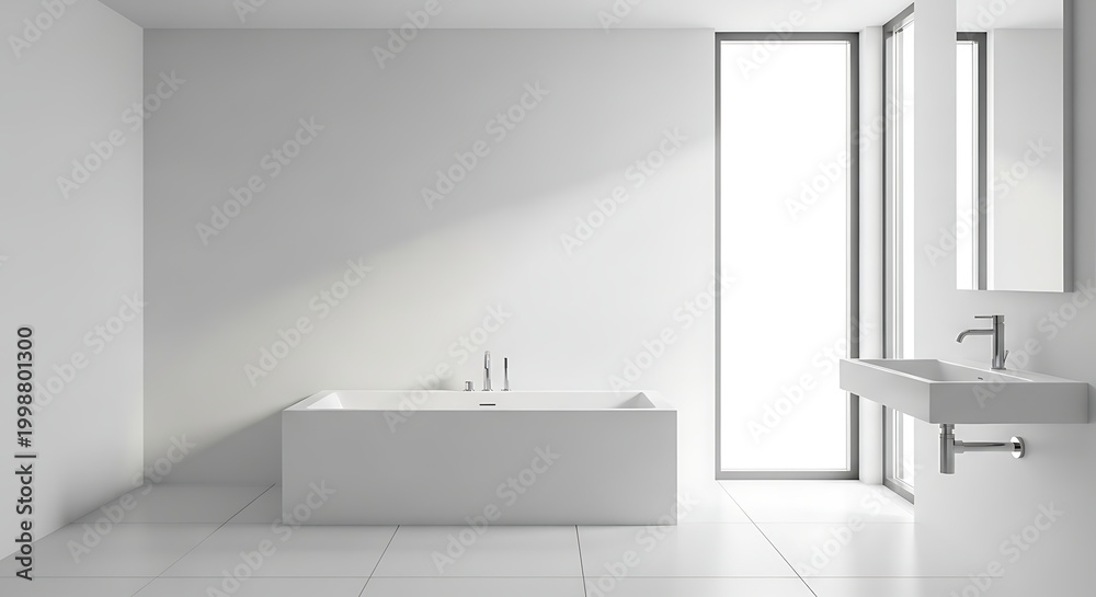 Fototapeta premium Modern minimalist bathroom design with a large window and bathtub.