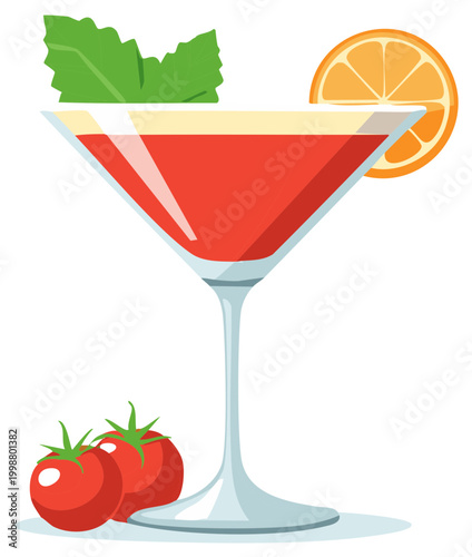 Red cocktail in martini glass with orange slice and fresh tomatoes
