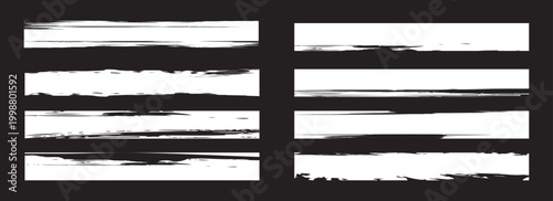 White highlighter bold horizontal lines set. Trendy brush stroke for White ink paint, grunge backdrop, dirt banner, watercolor design and dirty texture on black background. Vector illustration.
