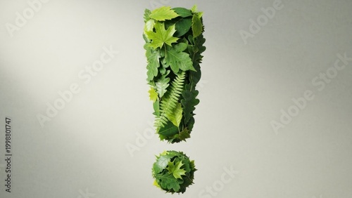 A stylized exclamation mark made of various green leaves and foliage floating in mid-air against a gradient background transitioning from light to dark gray