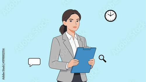 Businesswoman with clipboard and clock