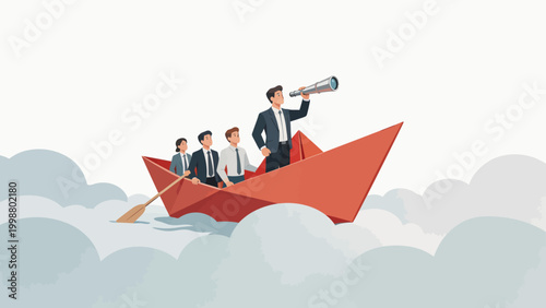 Business team in paper boat on clouds