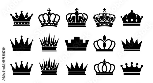 Bild auf Leinwand Black Silhouette Crown Icon Set - Royal Tiara, Majestic Coronet and King Queen A
