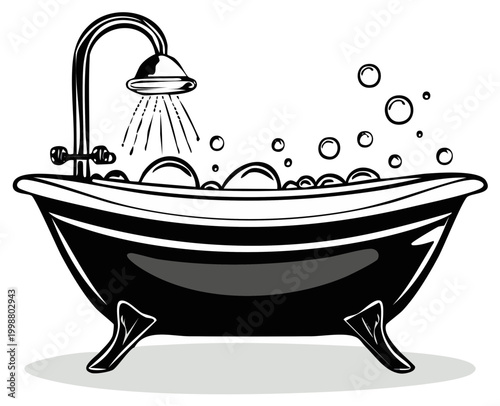 Black vintage bathtub with shower head and bubbles vector illustration