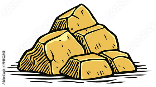 Pile of golden rocks, precious stones, and valuable minerals. Cartoon illustration of raw, rocky gold nuggets for geological exploration.