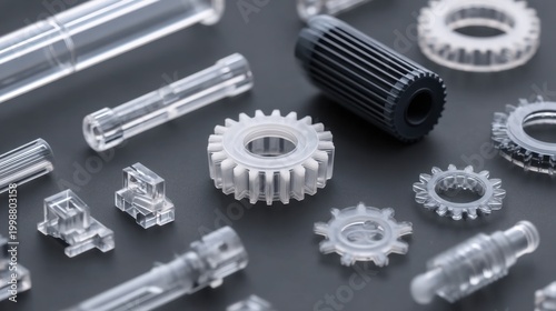 Close-Up Shot Featuring an Array of Clear and Black Mechanical Components on a Dark Surface Ideal for Industrial Design and Engineering Concepts