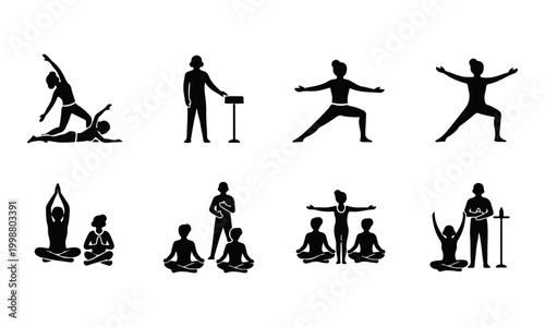 Set of Black Silhouette Yoga Poses and Meditation Vector Icons with Instructors