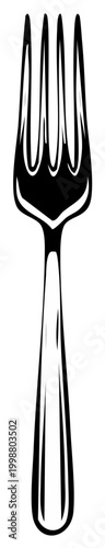 Monochrome illustration of a fork with tines, dining cutlery