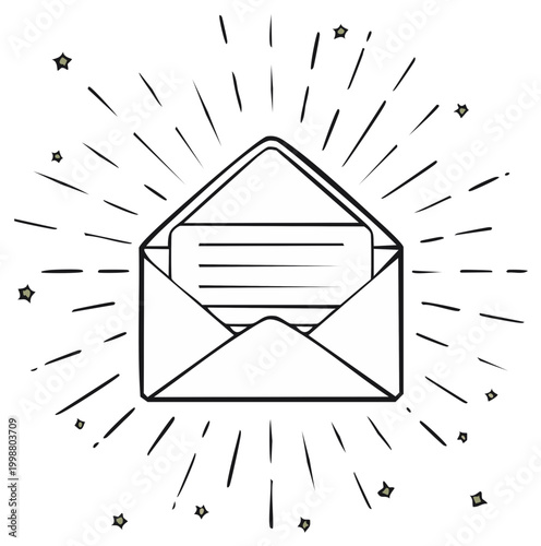 Open Envelope with Handwritten Message and Radiating Lines and Stars