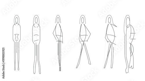 Minimalist fashion croquis set, hand drawn female figure templates for garment design, 6 outline body poses for technical fashion illustration