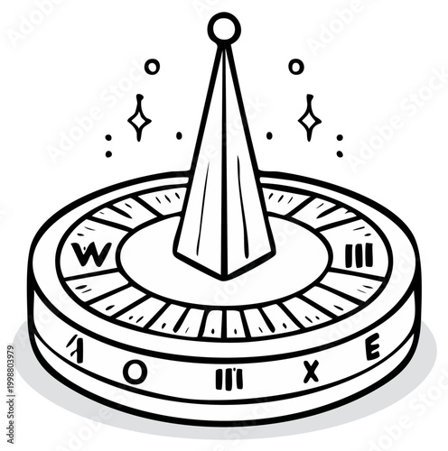 Hand drawn illustration of a sundial with directional markings and sparkling accents
