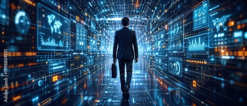 Man in suit walks through futuristic digital corridor with screens