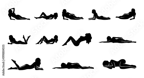 Fotografía Lying Woman Silhouette Set, Reclining Female Body Poses Vector