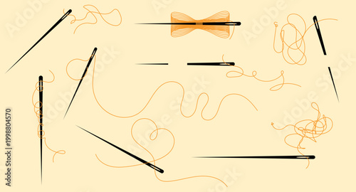 Collection of sewing needles and orange threads on pale yellow background