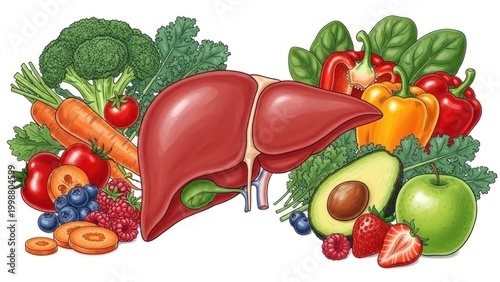 A detailed illustration of a healthy human liver surrounded by various colorful fruits and vegetables