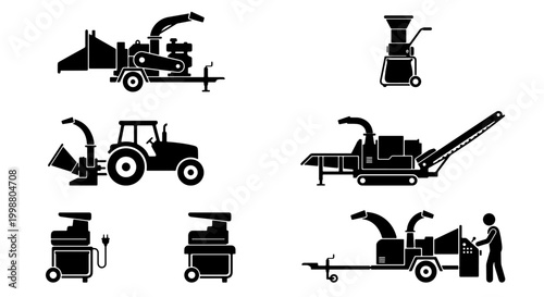 Wood chipper machine icons set, industrial tree shredder and mulcher equipment silhouettes, forestry and garden maintenance machinery vector collection