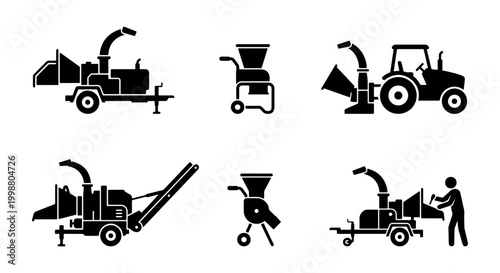 Wood chipper machine icons set, industrial tree shredder and mulch equipment silhouettes, 6 forestry and garden waste disposal vector illustrations
