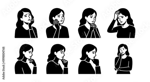 Sad woman facial expressions vector set, depressed female character icons, 8 black and white illustrations of grief and anxiety, mental health concept