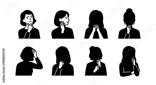 Minimalist black silhouette woman scratching skin, set of 8 vector icons showing female character with itchy skin and allergic reaction symptoms