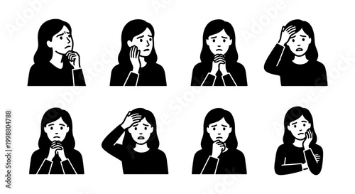 Minimalist black and white woman character icons, set of 8 female avatars expressing sadness and worry, flat vector illustrations for mental health