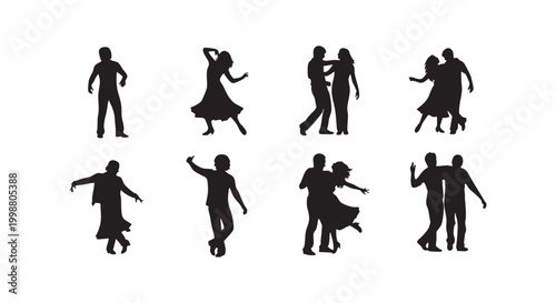 Set of silhouettes depicting couples dancing and people having fun isolated on white background as vector art designs.