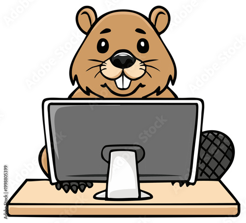 Cartoon beaver working on a computer at a desk, smiling happily, vector illustration