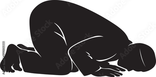Muslim Man in Full Sujood Prostration Vector, Islamic Prayer Silhouette Isolated for Ramadan Design