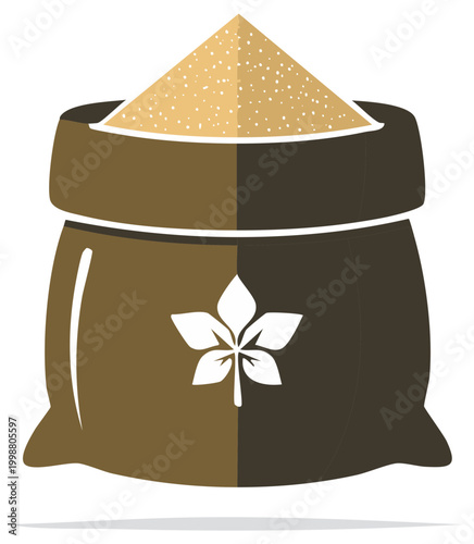 Brown paper bag filled with granulated sugar and a leaf symbol on the front isolated on white