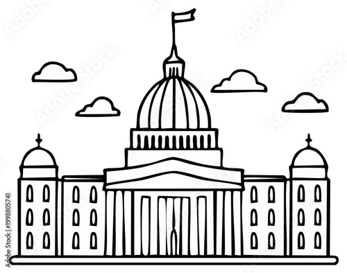 Illustrated Line Art of Classic Government Building and Cloudy Sky