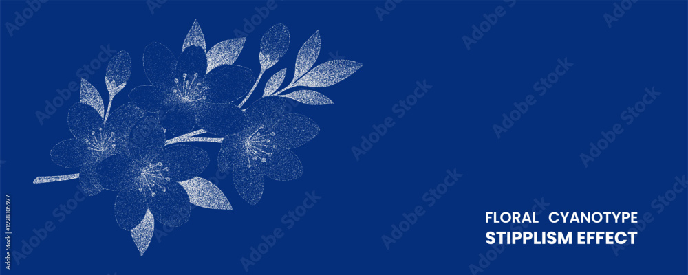 Obraz premium Floral cyanotype stipplism effect with cherry blossom branch illustration on blue background