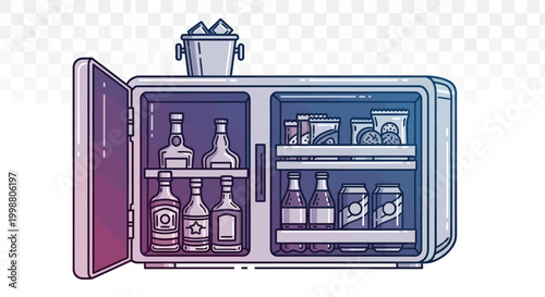 Mini Fridge Full Of Drinks, Ice Bucket, And Snacks