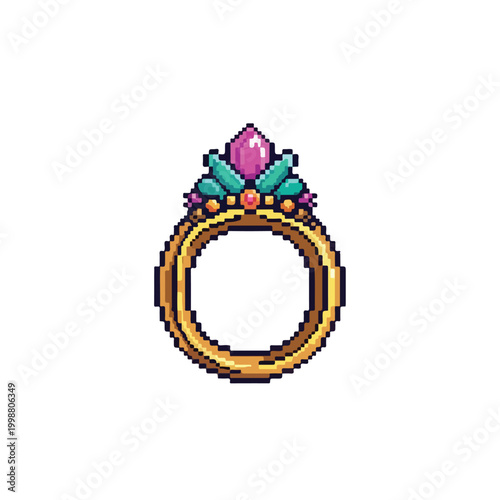 A colorful pixel art illustration of a luxurious golden ring adorned with a large pink gem and various smaller teal and purple stones.