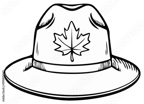 Stylized black and white illustration of a ranger hat with a maple leaf emblem for Canada